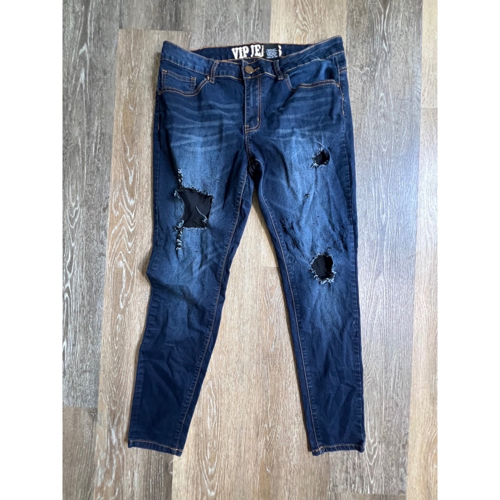 VIP Jeans Skinny Jeans Womens 15/16 Dark Wash Distressed‎ Mesh Ripped Pants